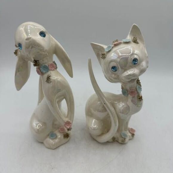 Lefton Other - Vintage Lefton Dog Cat Iridescent Figurines Figure Spaghetti Flowers Floral